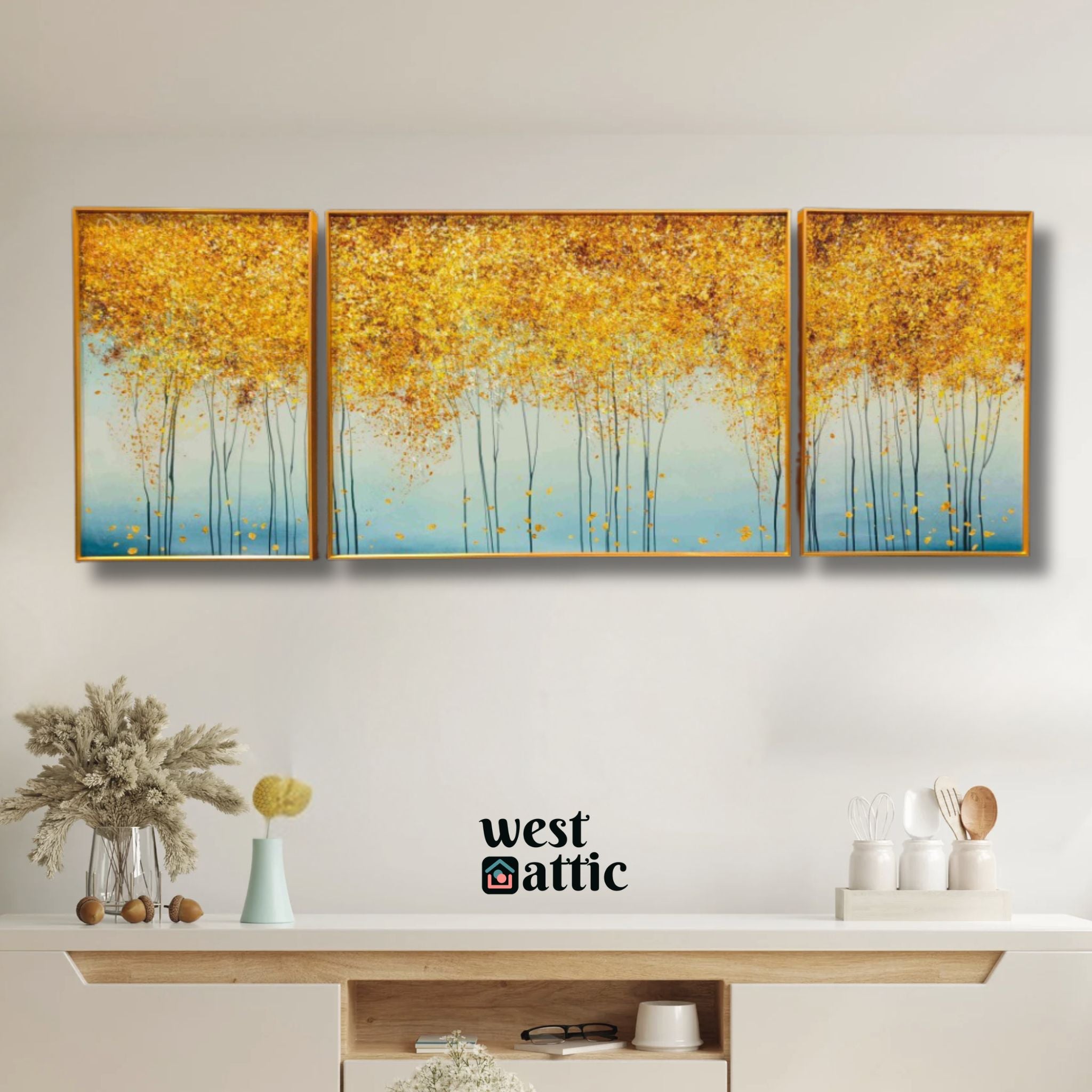 Aureate Fall: Set of 3 Crystal Wall Paintings