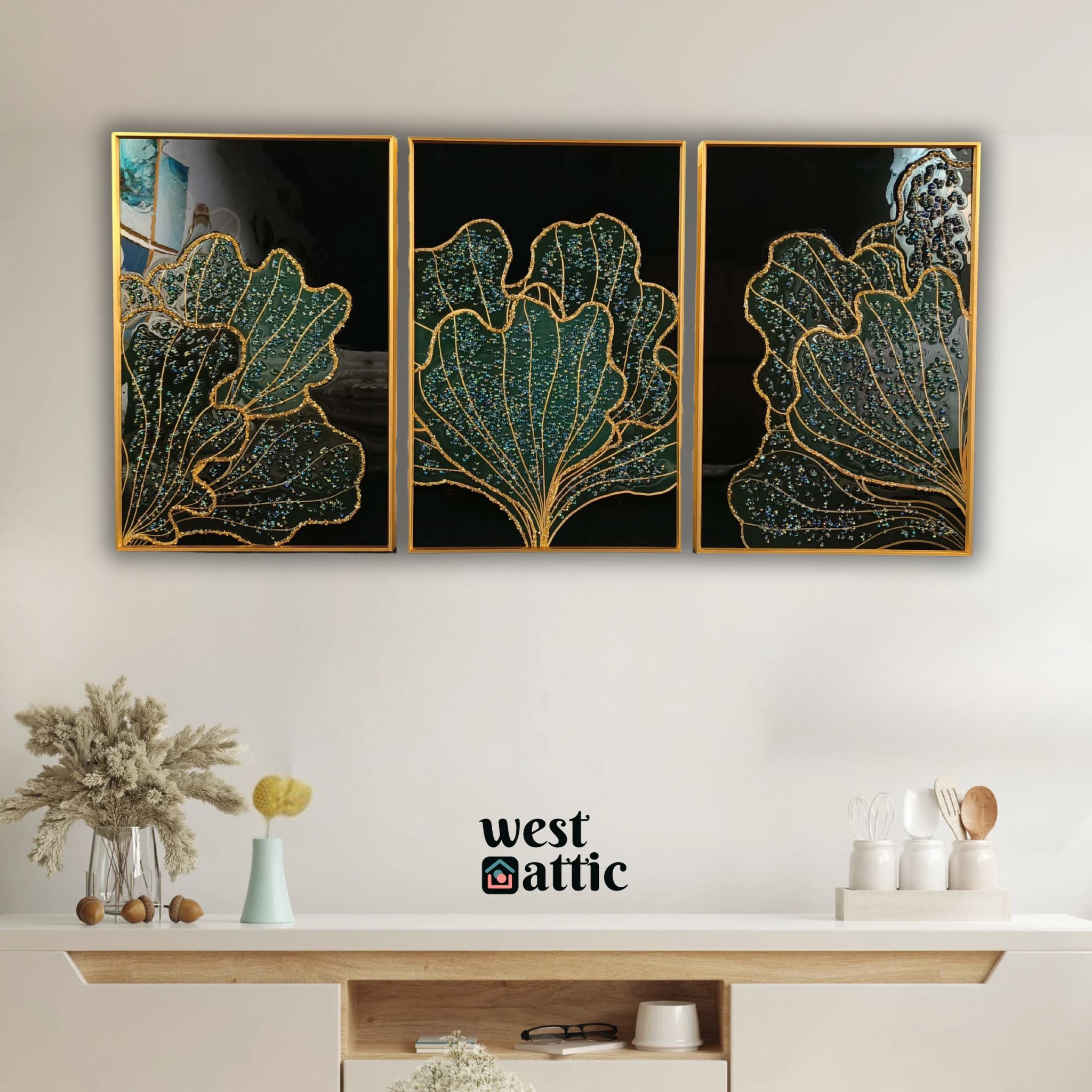 Golden Ginkgo Leaves - Crystal Wall Frame Set