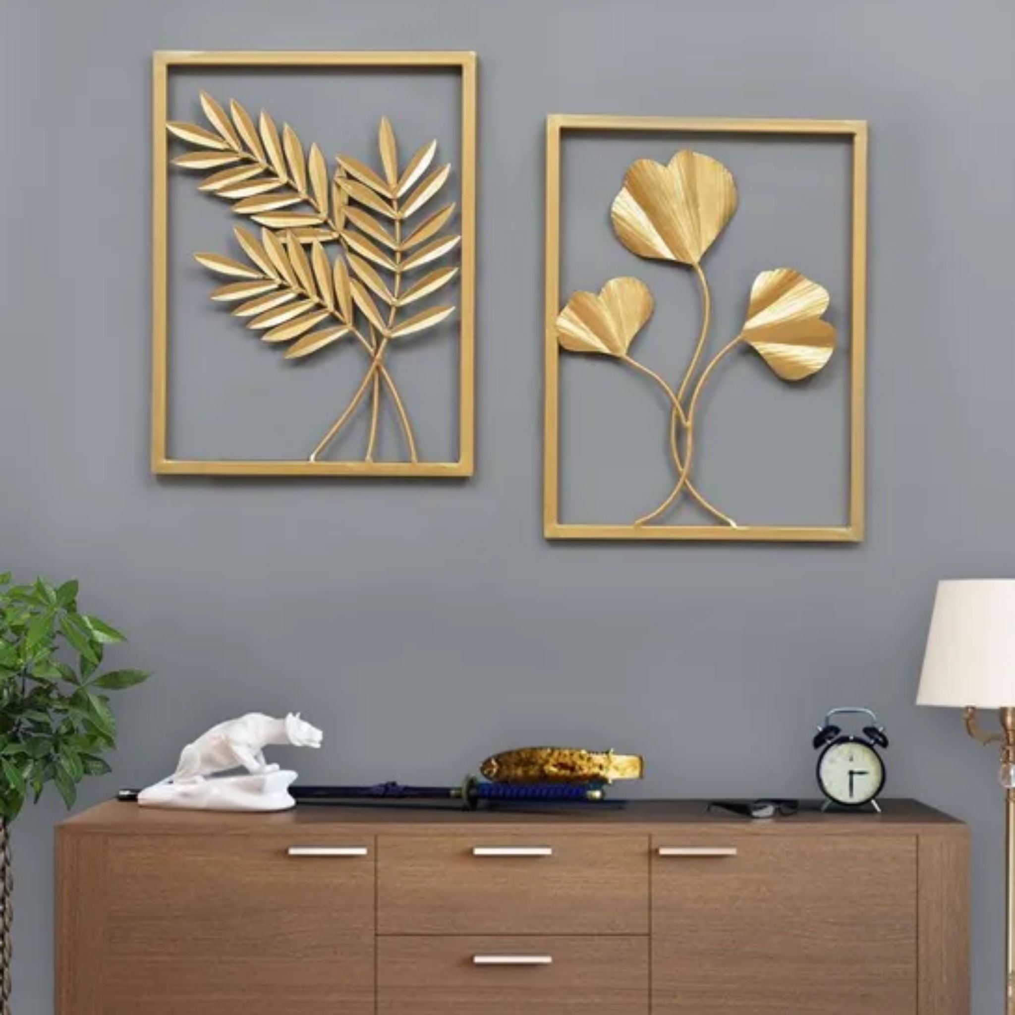 Golden Ginkgo and Olive Leaves Metal Wall Art