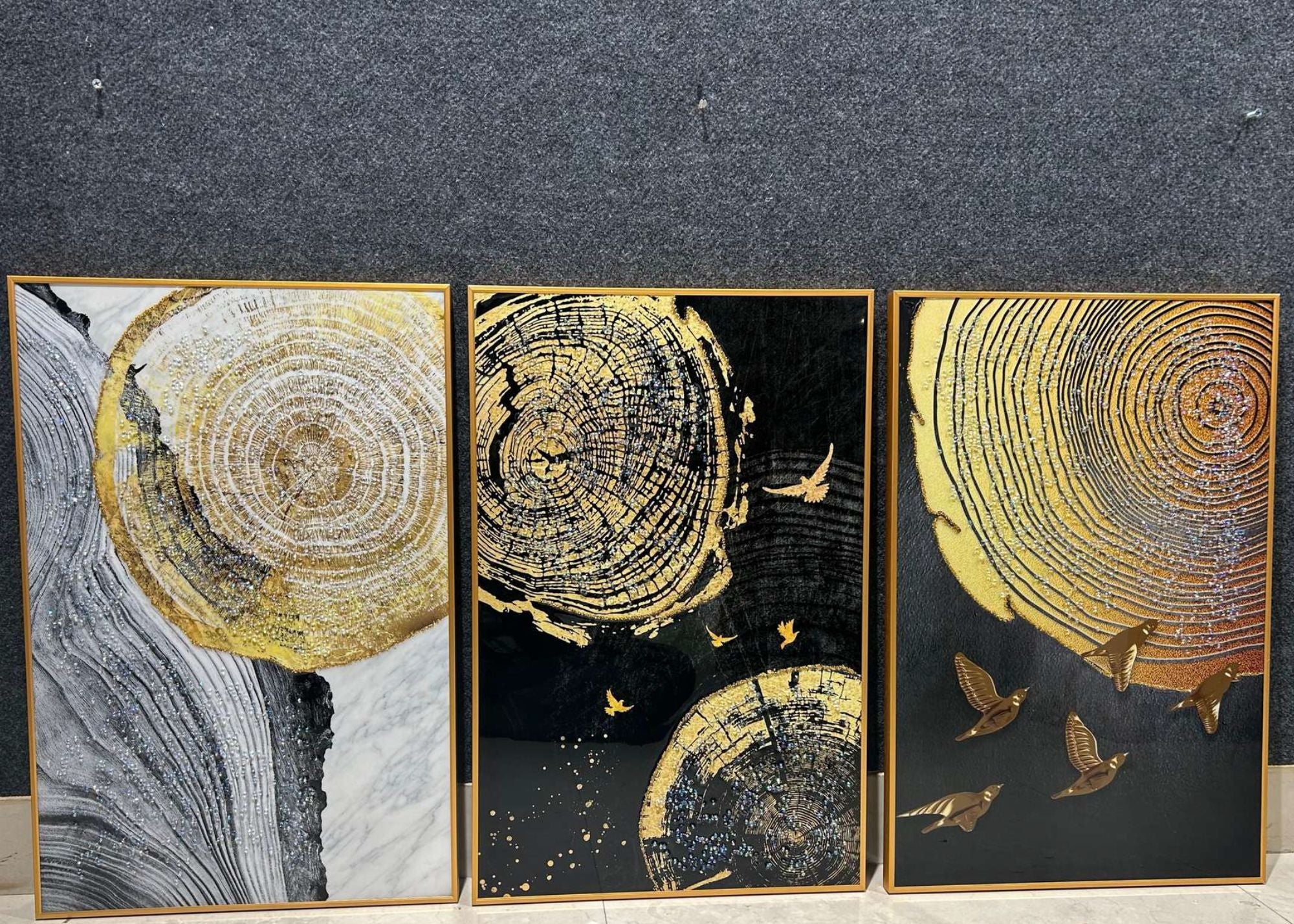 Golden Horizon: Set of 3 Abstract Dark Crystal Wall Paintings