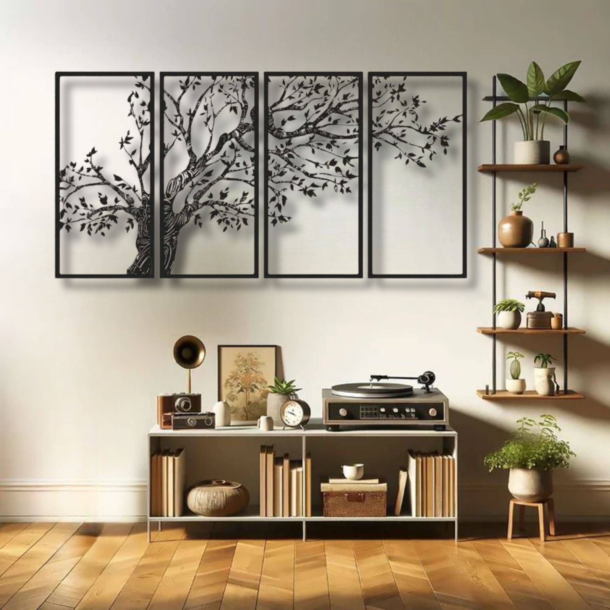 Grand Detailed Tree Metal Wall Art Four-Panel Set