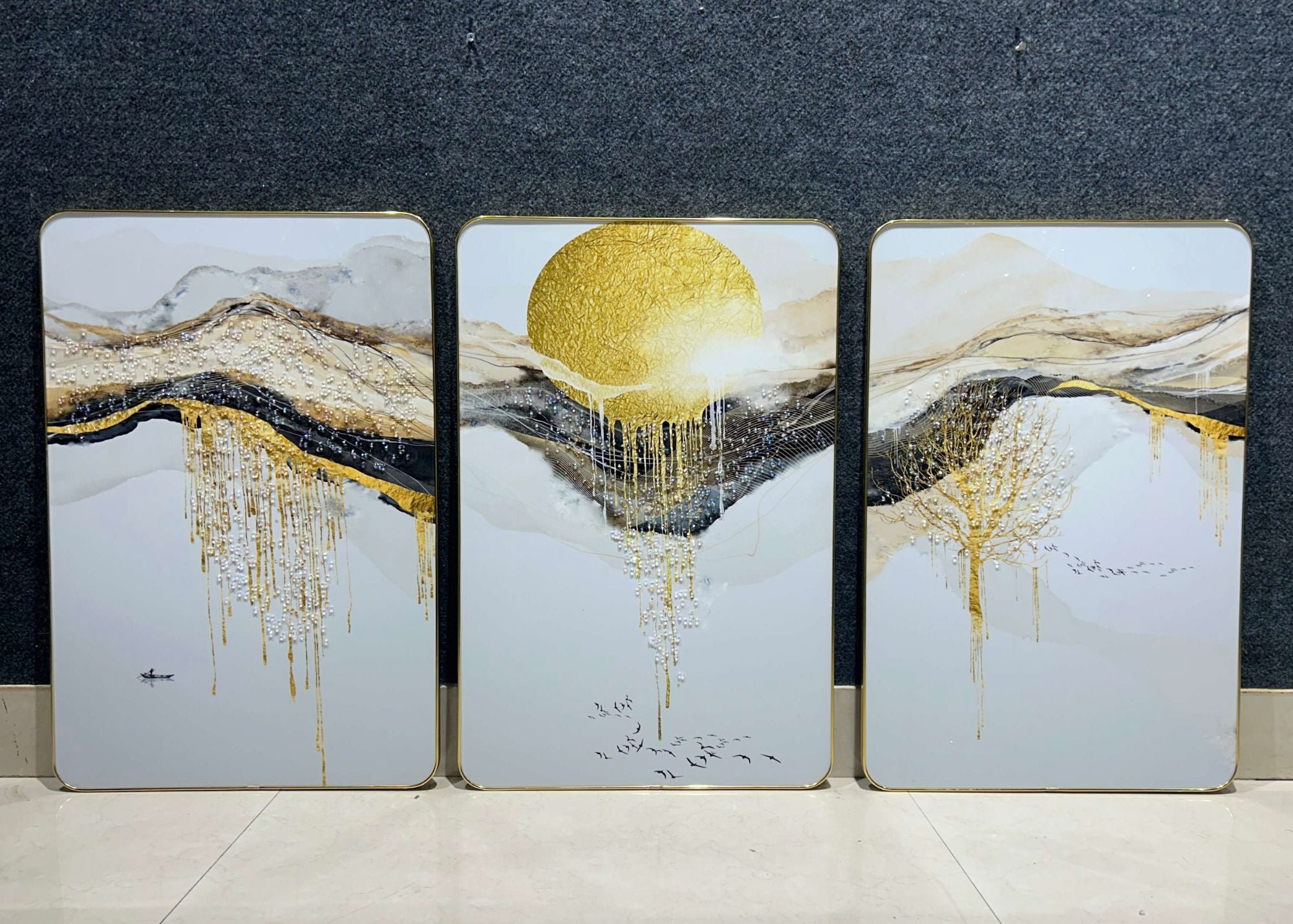 Golden Solitude Abstract Trio Crystal Wall Painting