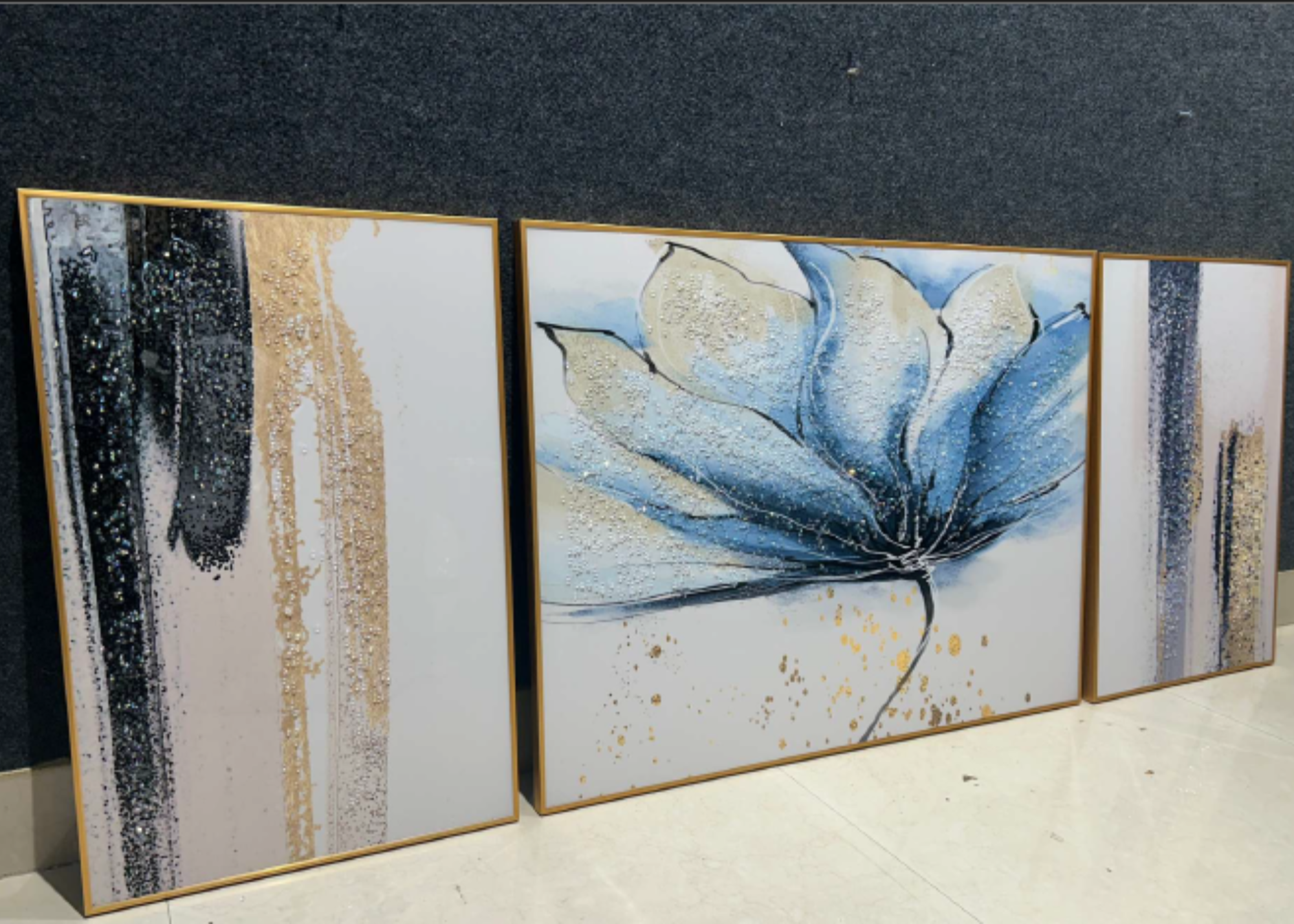 Golden Inflorescence: Set of 3 Crystal Wall Paintings