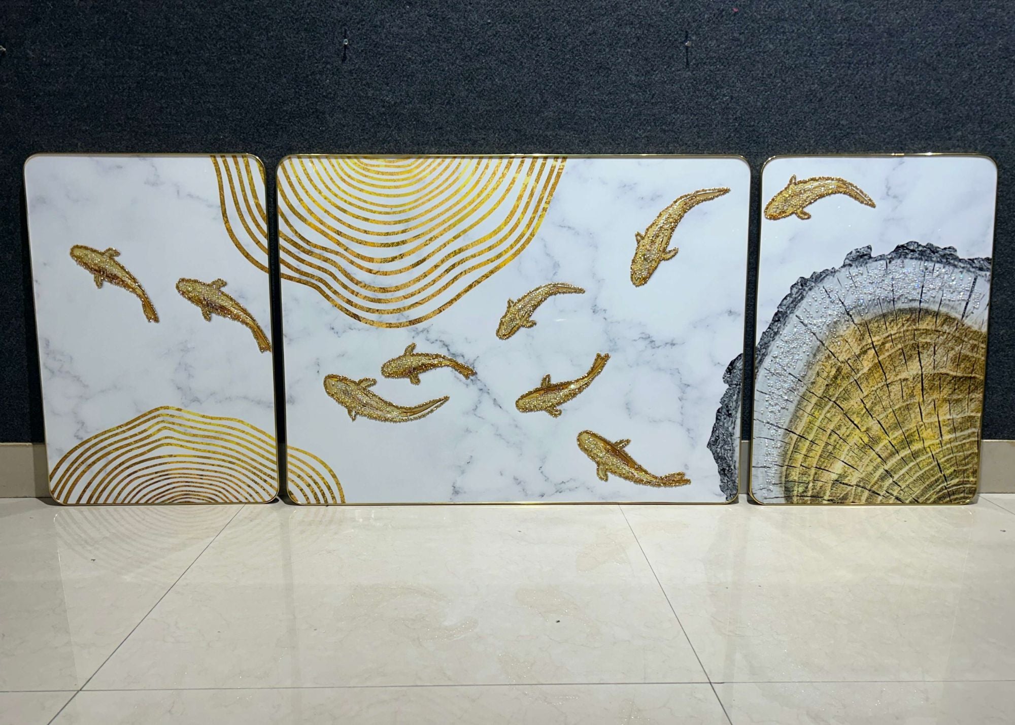 Golden Koi Crystal Wall Painting - Set of 3