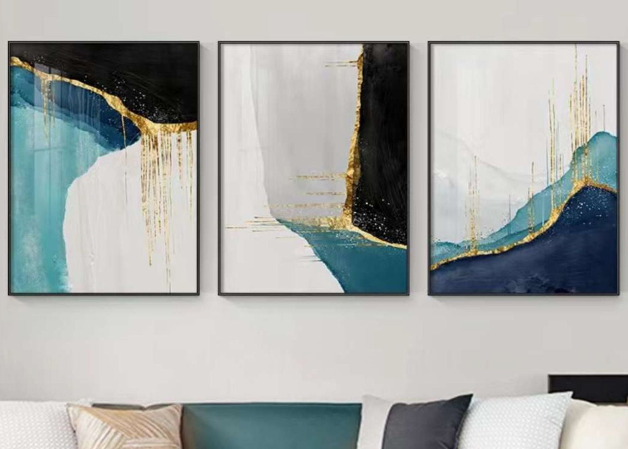 Abstract Trio of Gold and Teal Crystal Wall Painting