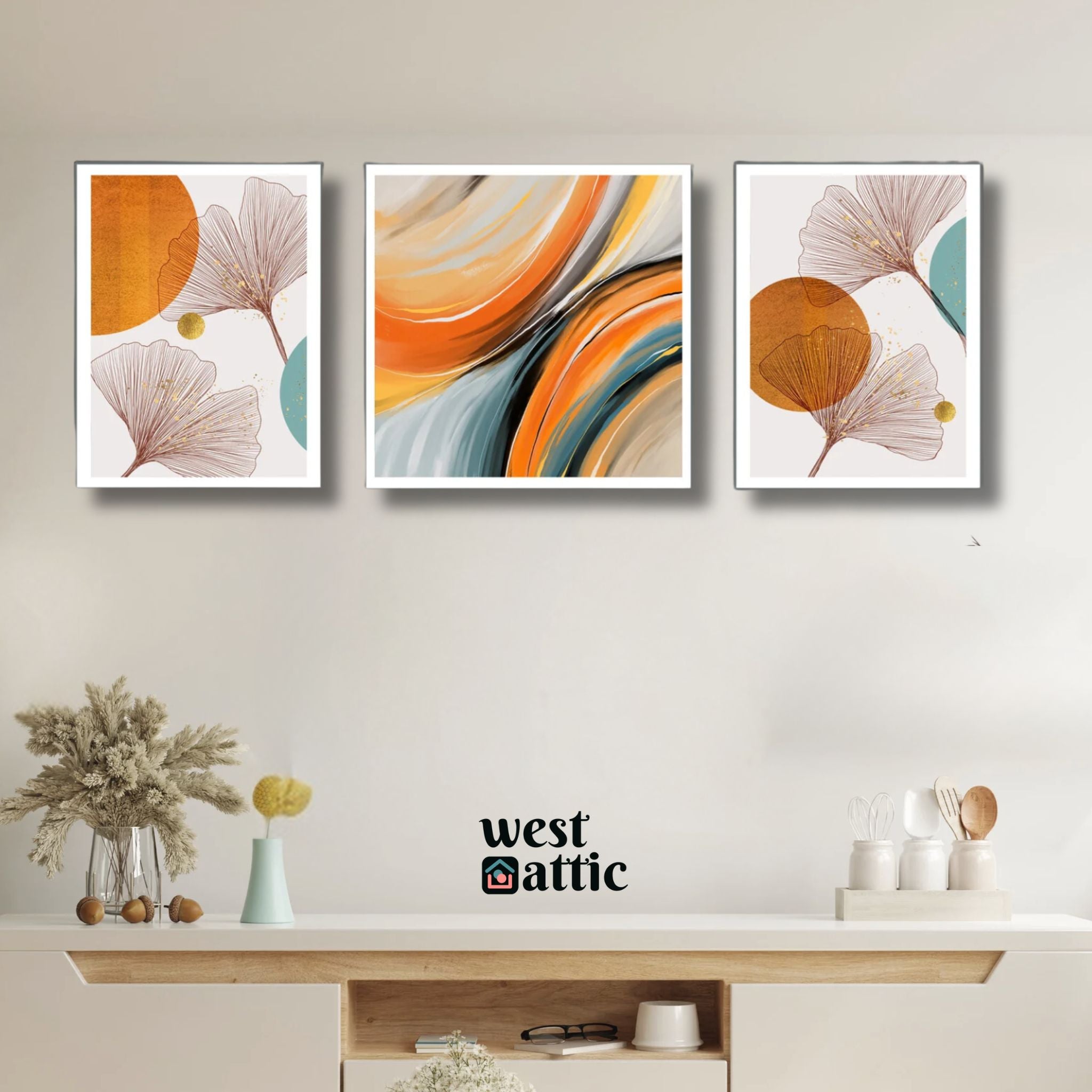 Abstract Textured Swirls and Gingko Wall Frame Trio