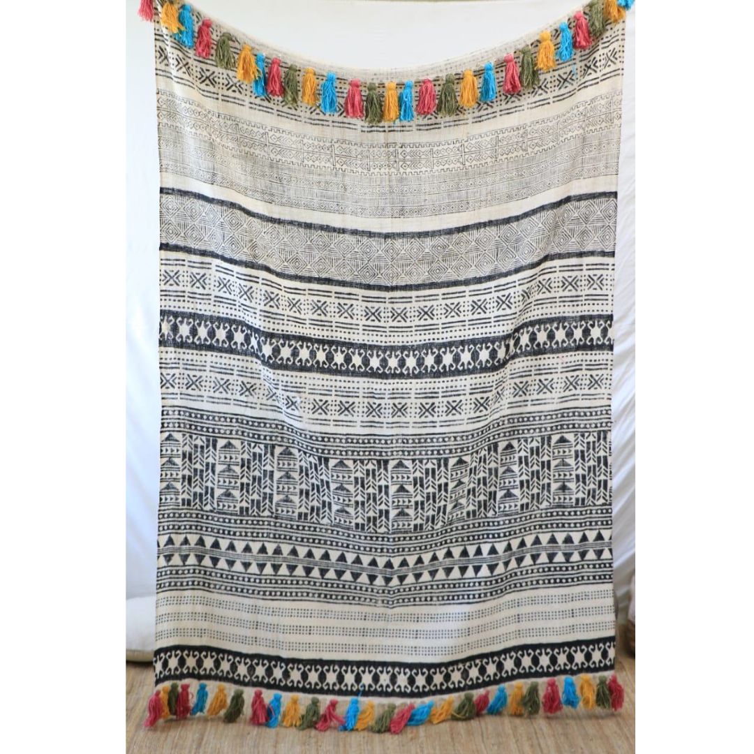 Black Throw with Multicoloured Tassels