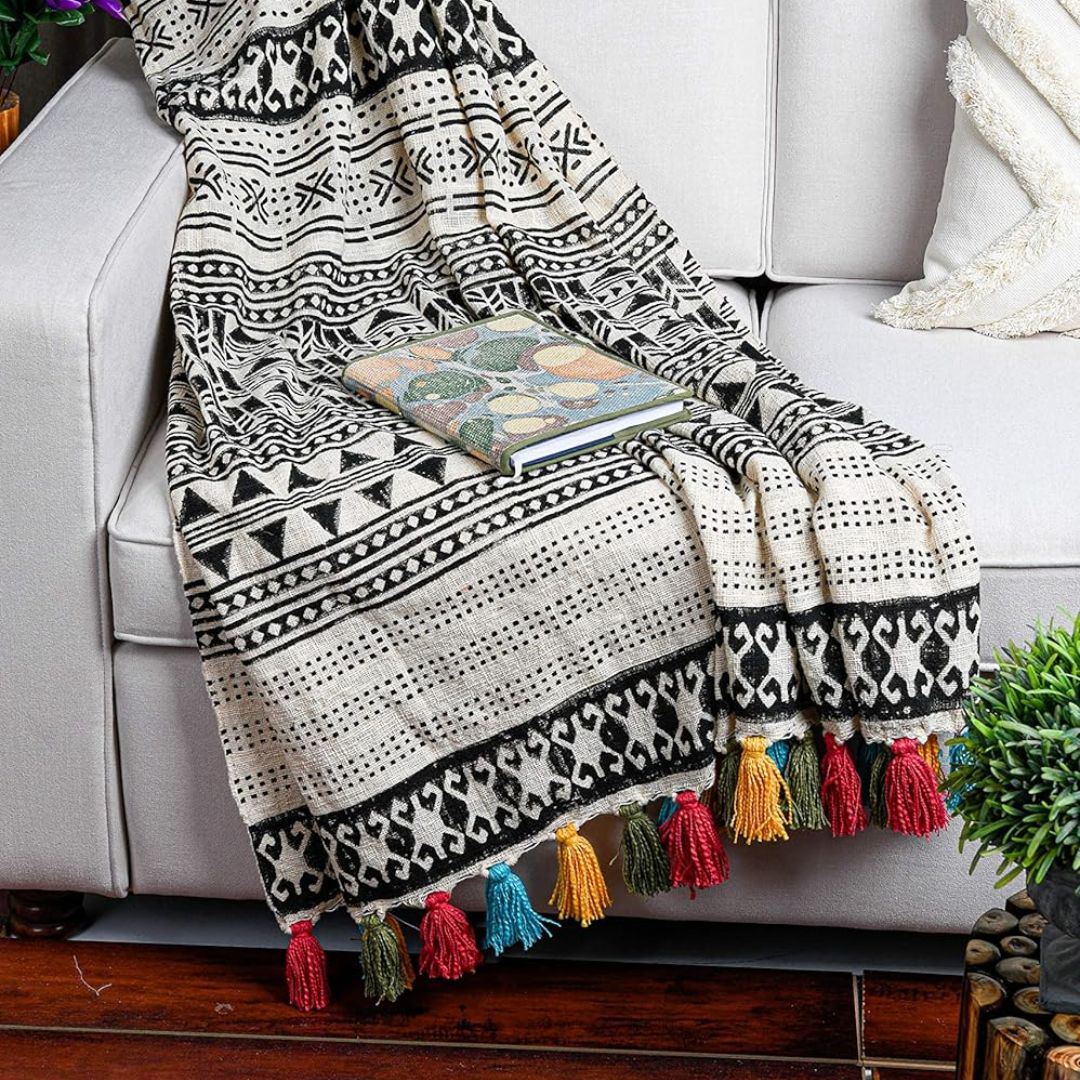 Black Throw with Multicoloured Tassels