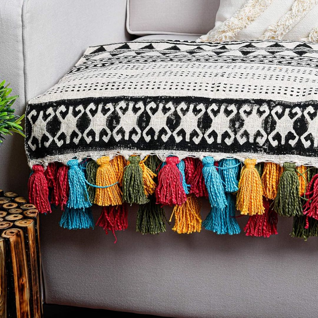 Black Throw with Multicoloured Tassels