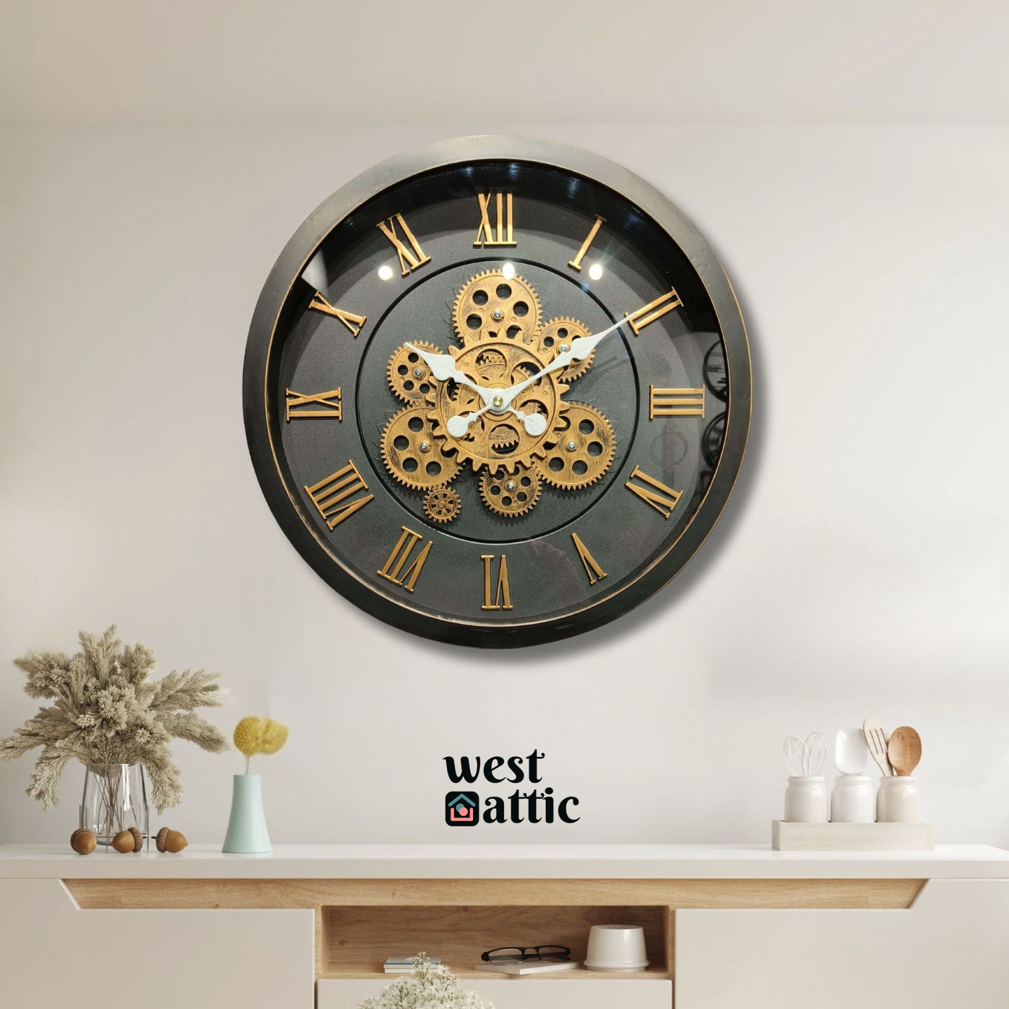 Charcoal Gold Roman Gear Wall Clock