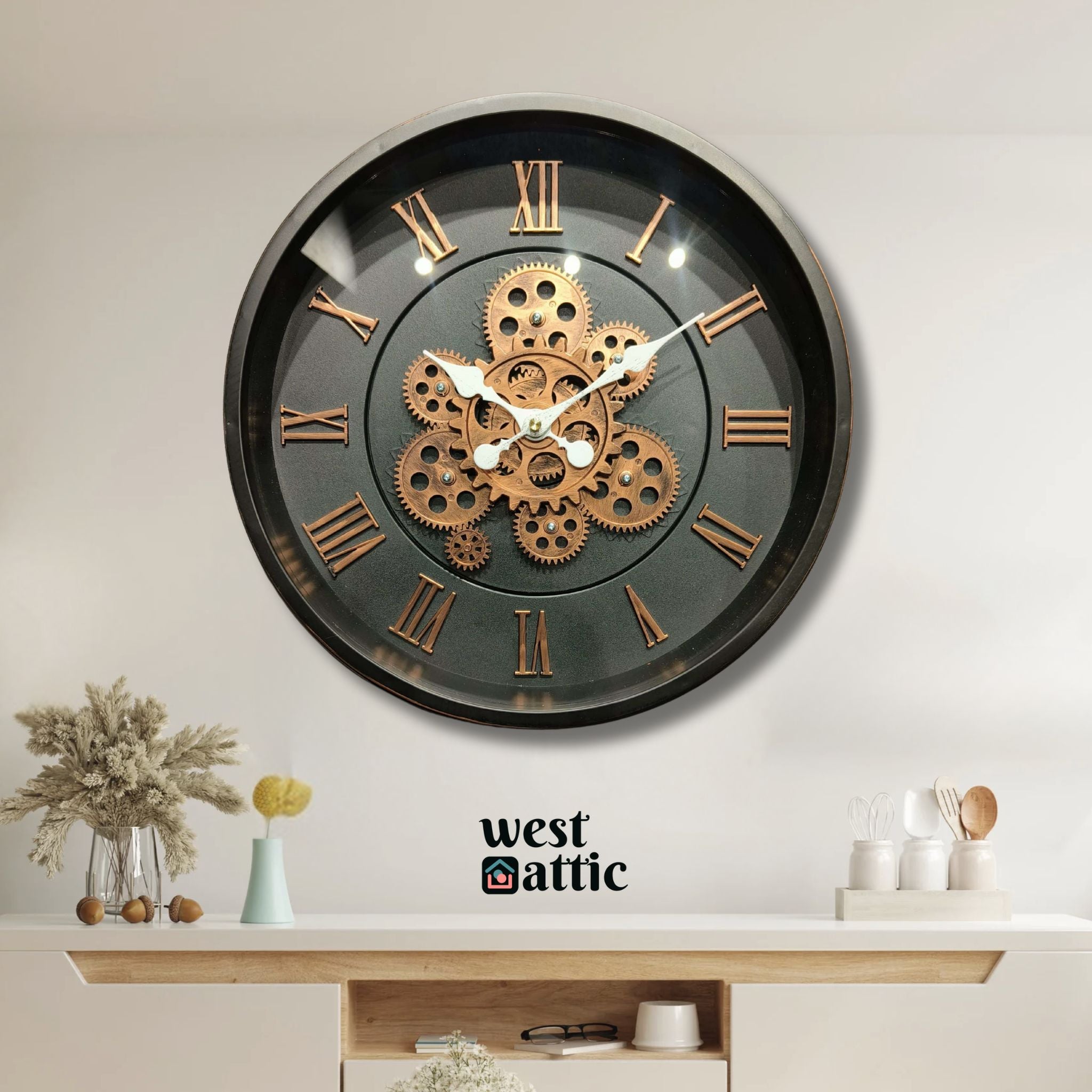 Charcoal Gold Roman Gear Wall Clock