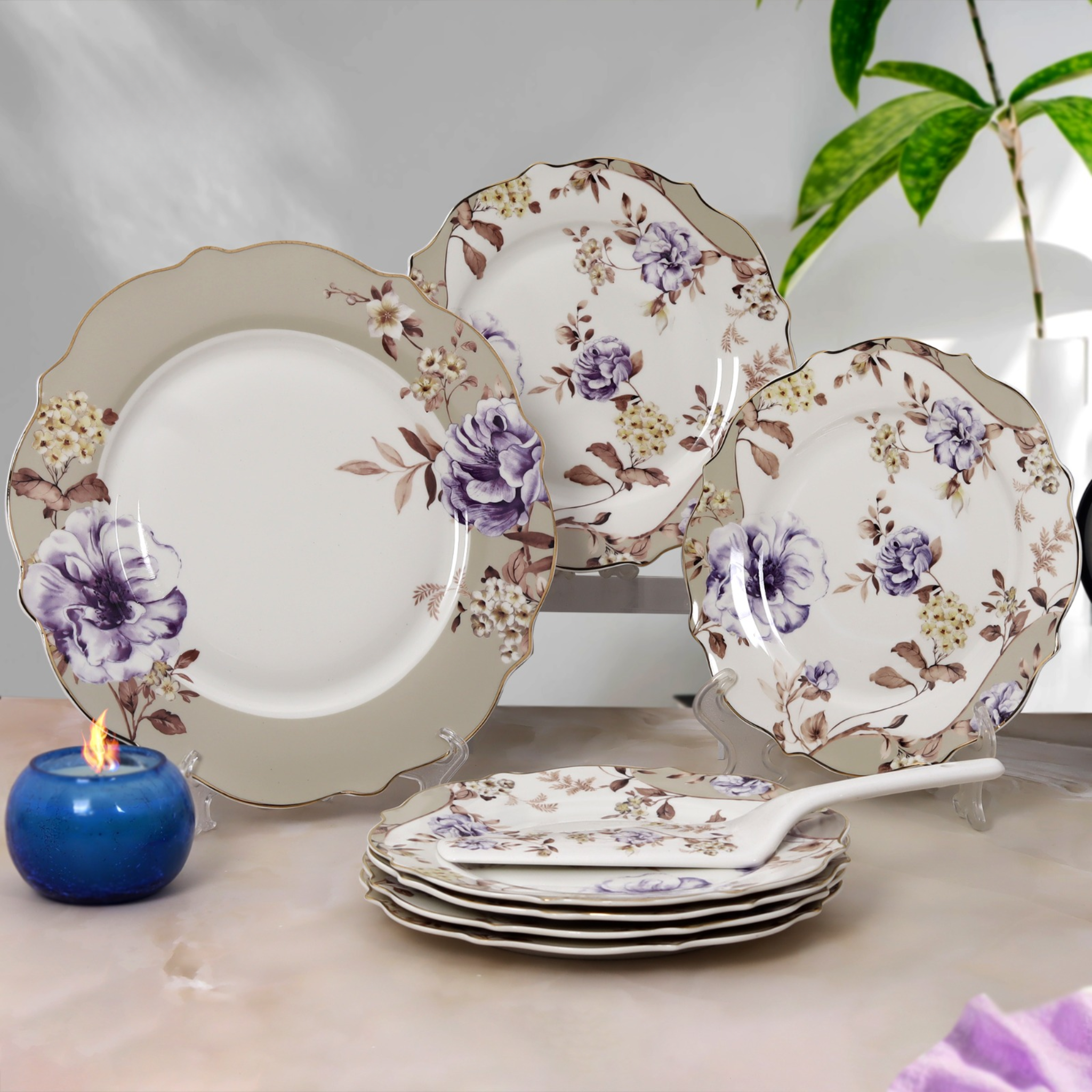 Floral Beige Porcelain Plate - Set of 8