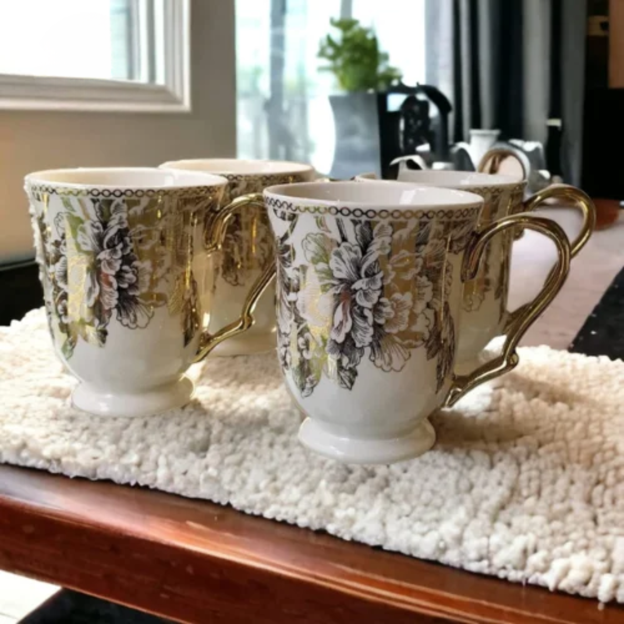 Footed Golden Floral Mug - Set of 4