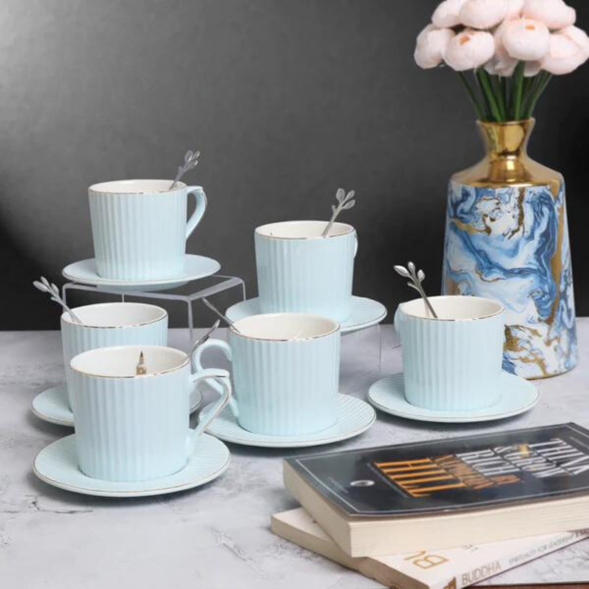 French Scallop Ceramic Tea Set - Set of 6