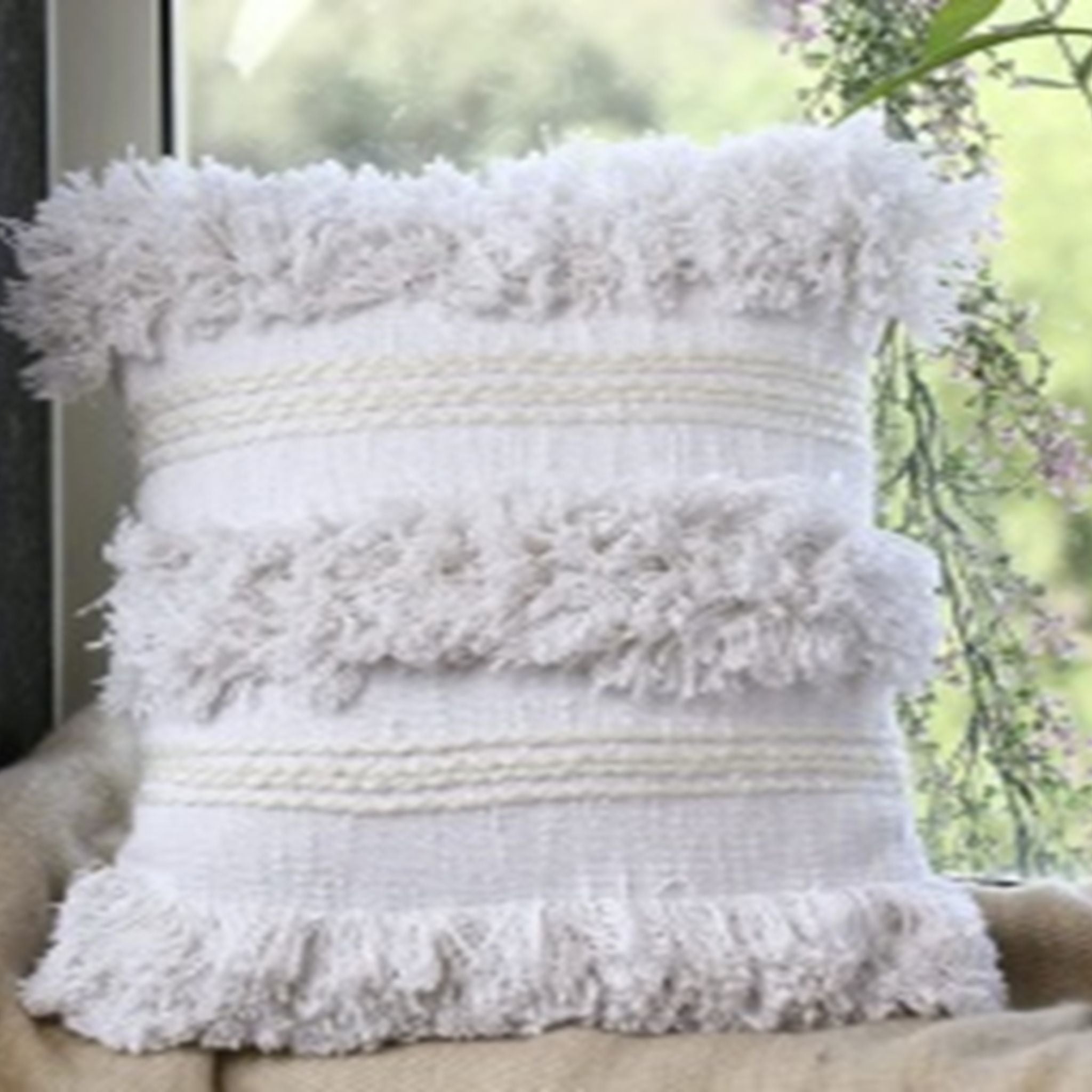 Fringe Elegance White Cushion Cover