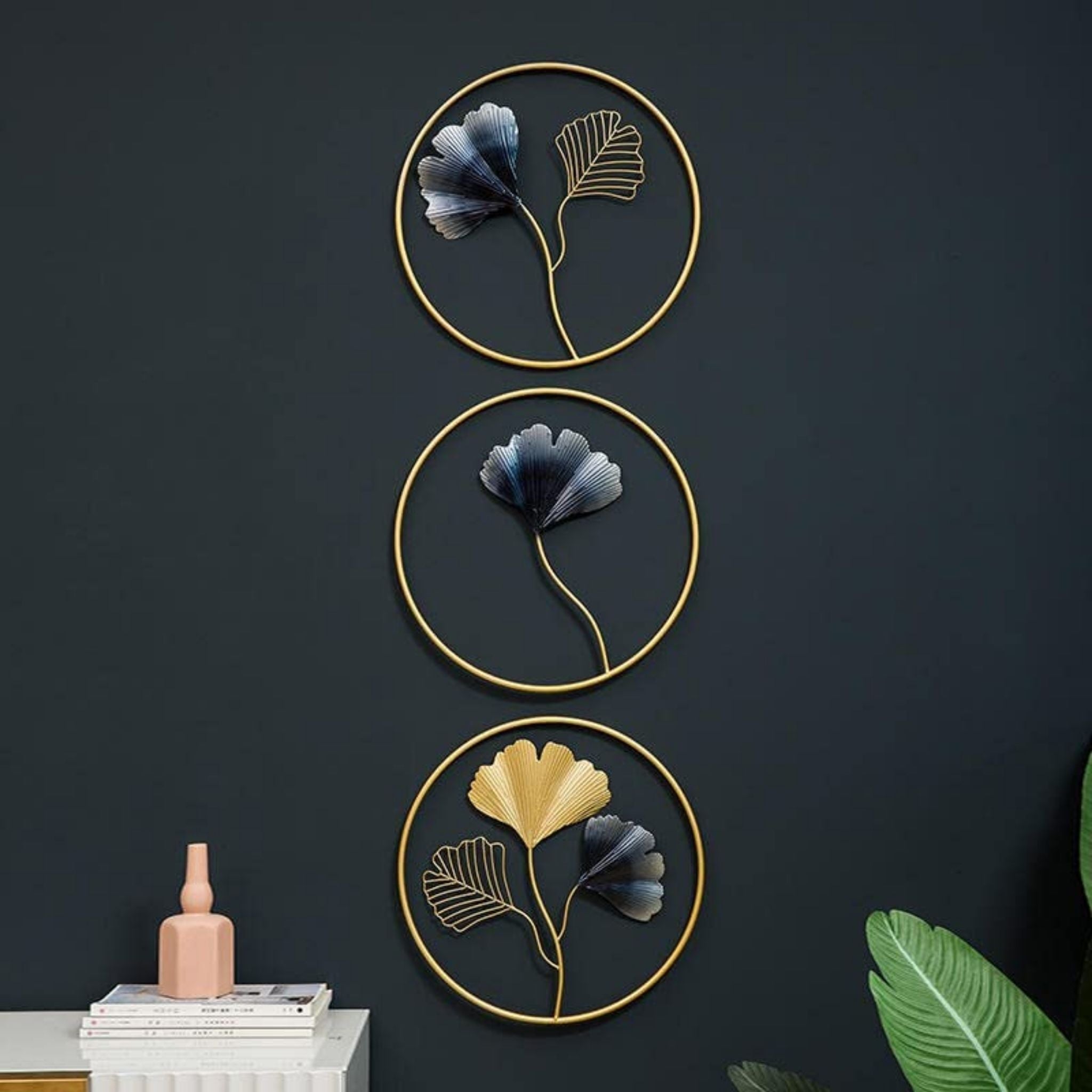 Ginkgo Leaves Blue and Gold Metal Wall Art