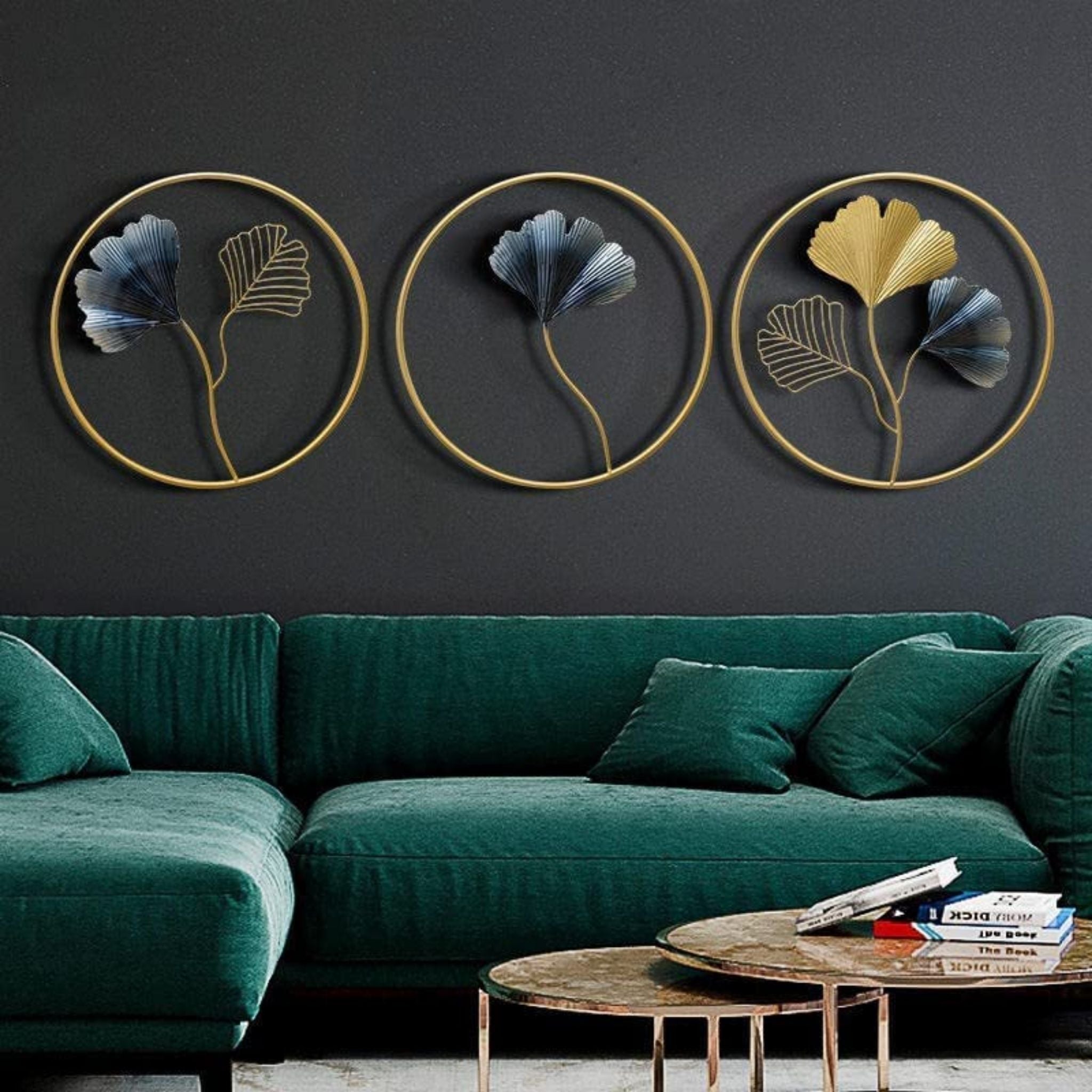 Ginkgo Leaves Blue and Gold Metal Wall Art