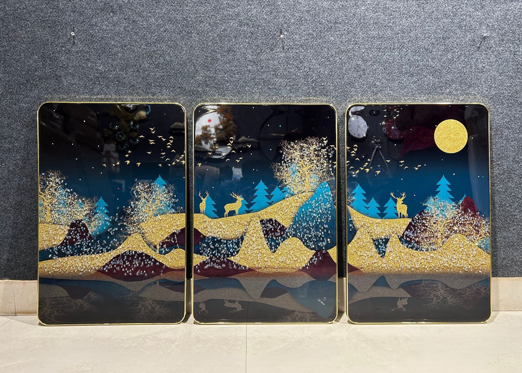 Golden Desert Oasis Trio: Crystal Wall Painting Set of 3