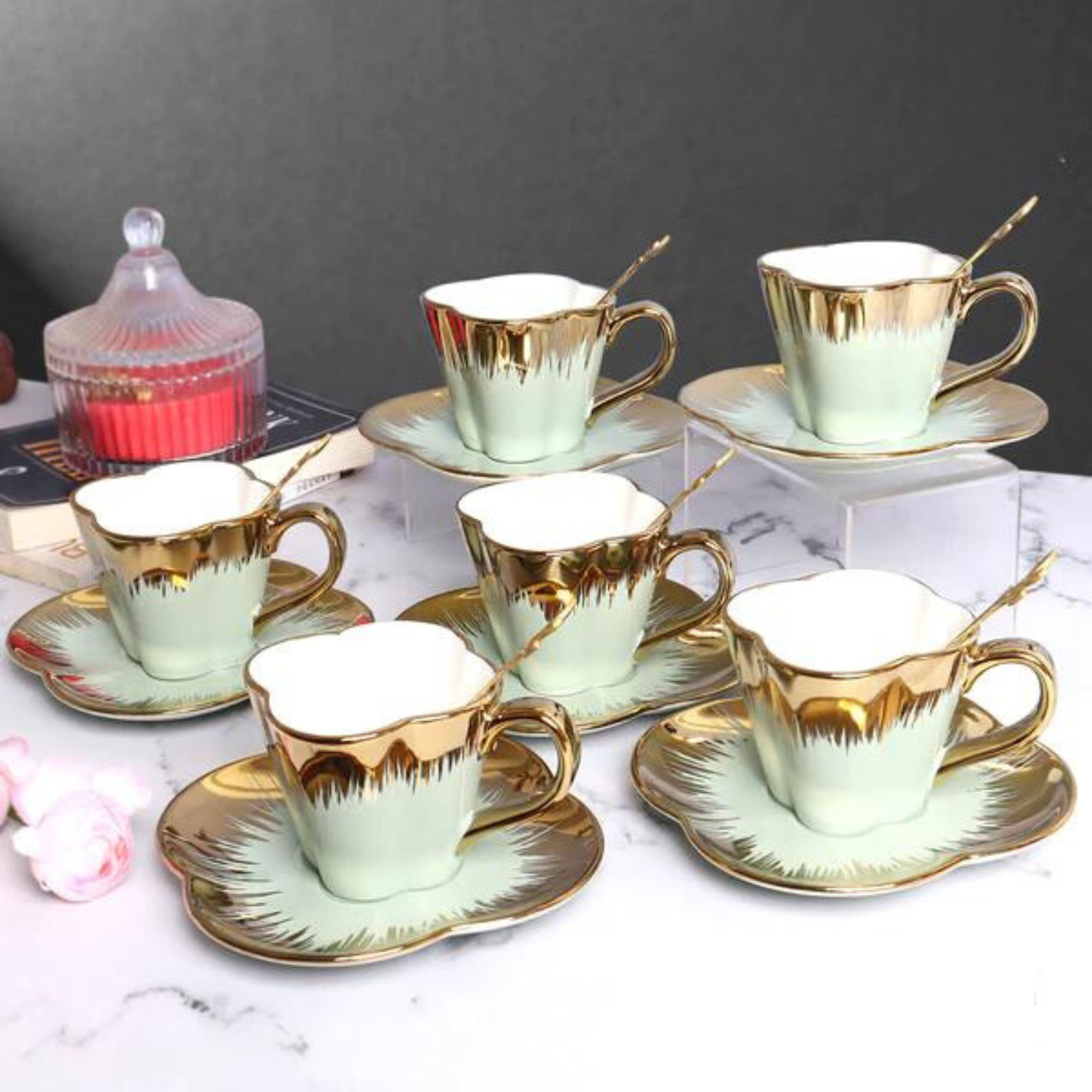 Golden Green Pastel Tea - Set of 6