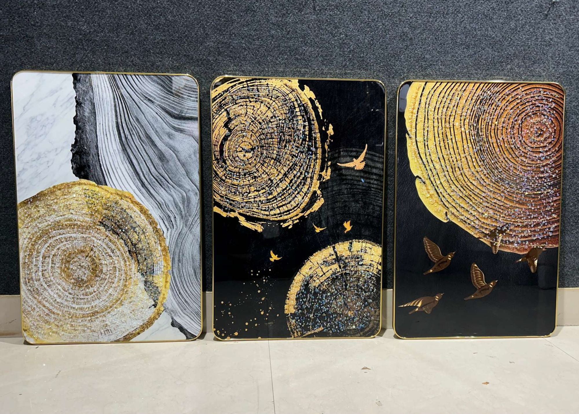 Golden Horizon: Set of 3 Abstract Dark Crystal Wall Paintings