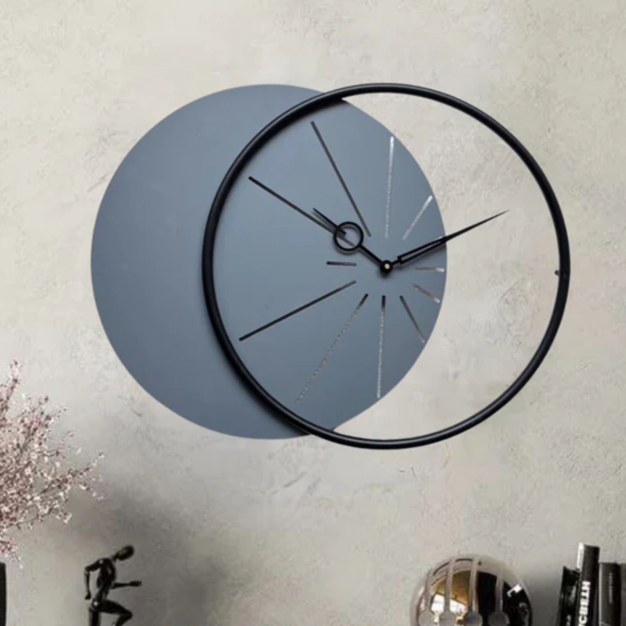 Grey Clock with Sleek Black Metal Ring