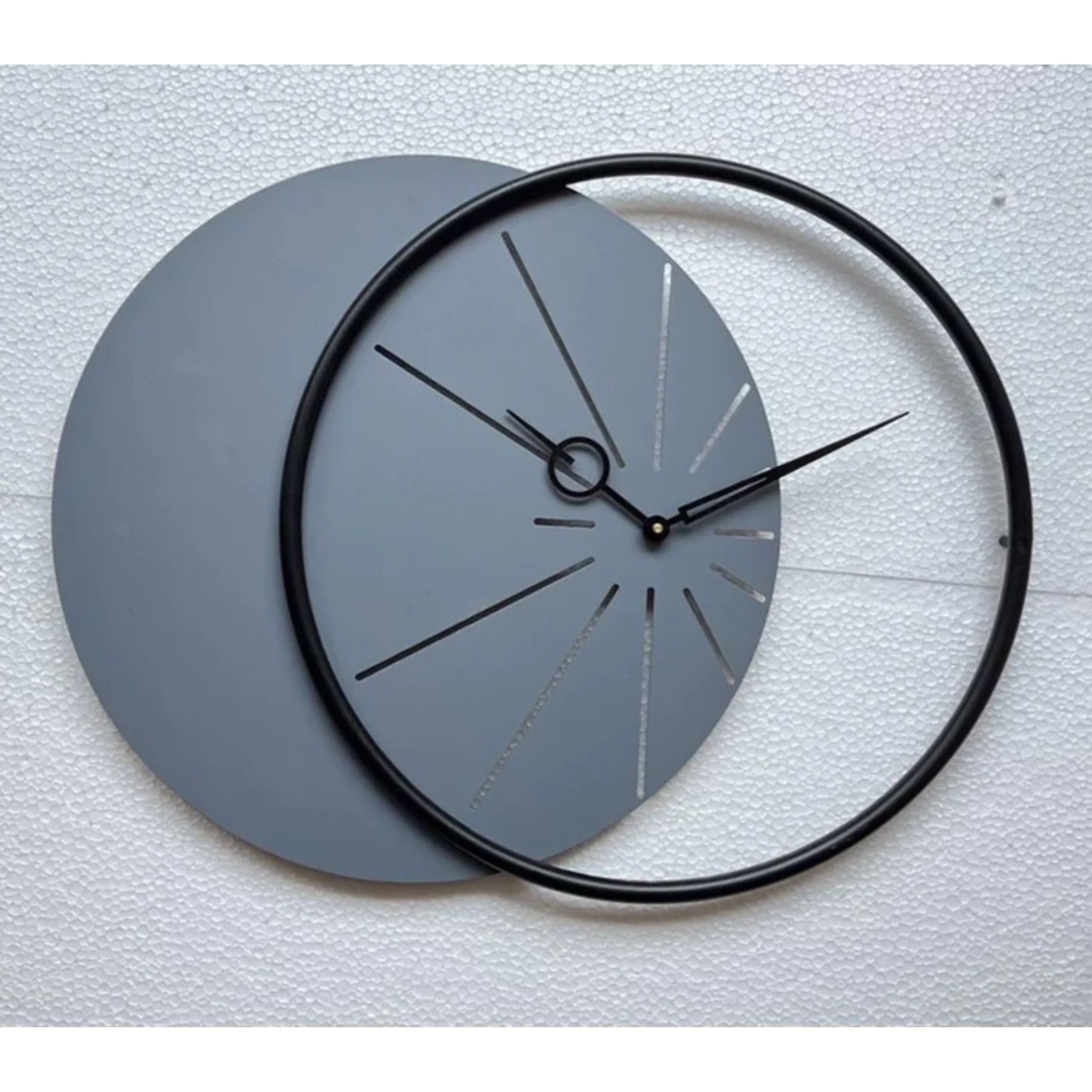 Grey Clock with Sleek Black Metal Ring