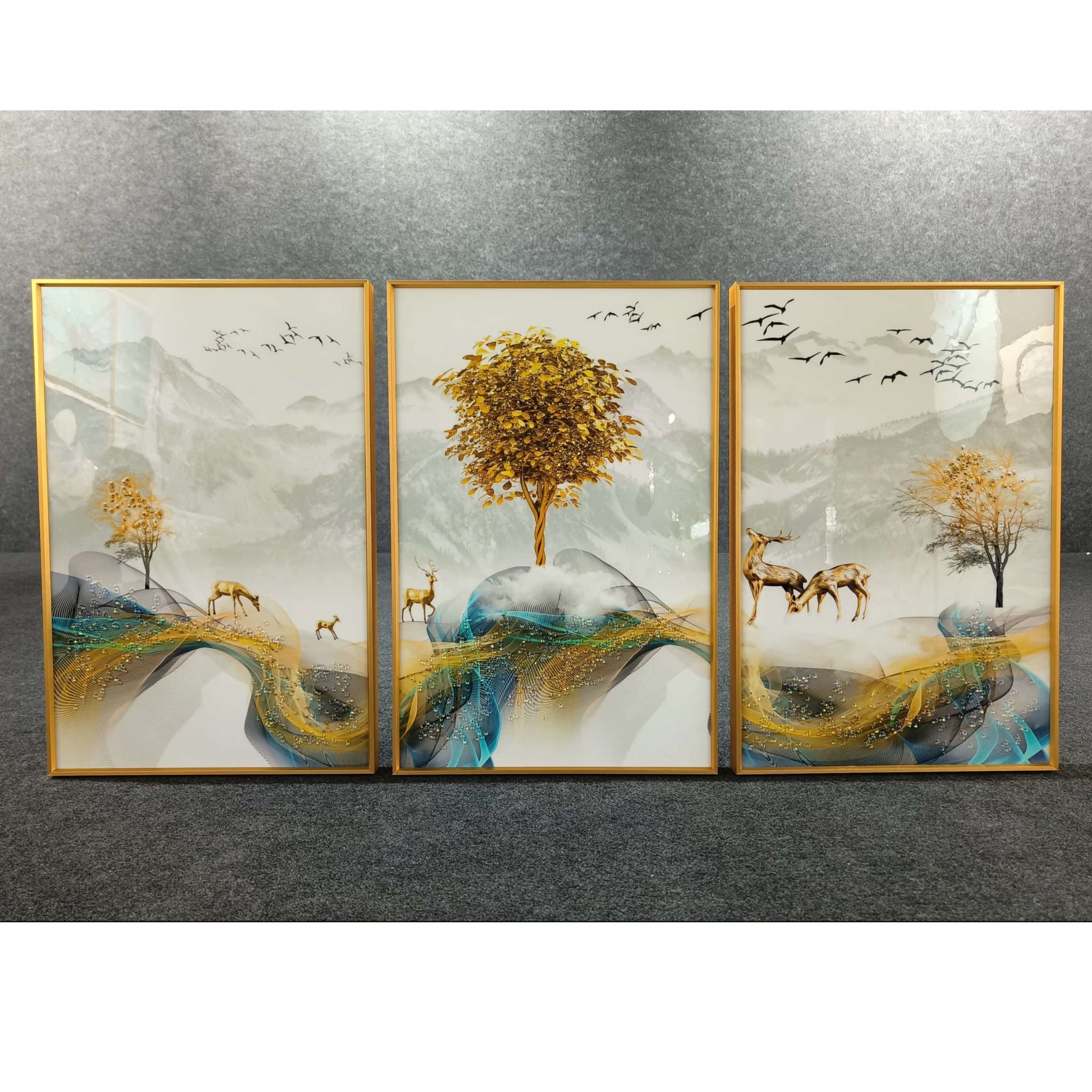 Majestic Peaks with Golden Horizon Crystal Wall Frame - Set of 3