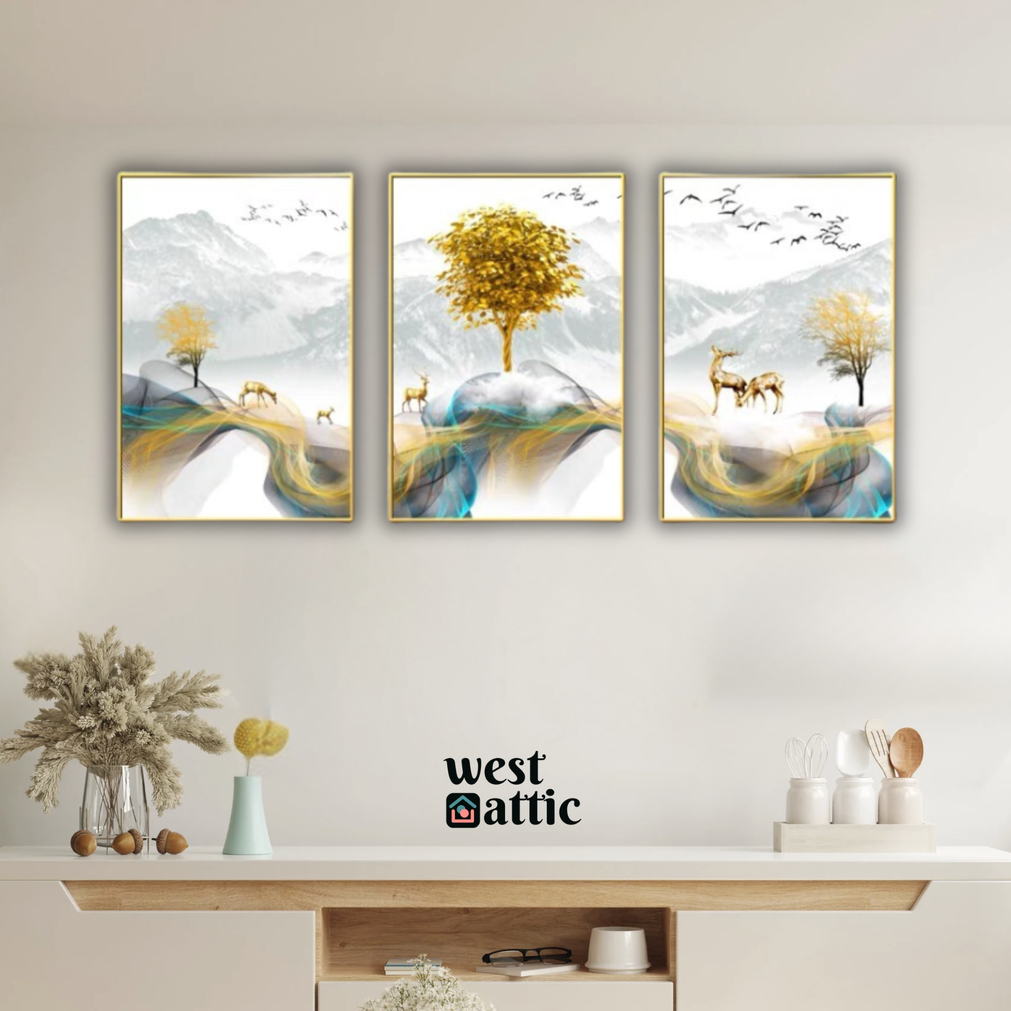 Majestic Peaks with Golden Horizon Crystal Wall Frame - Set of 3