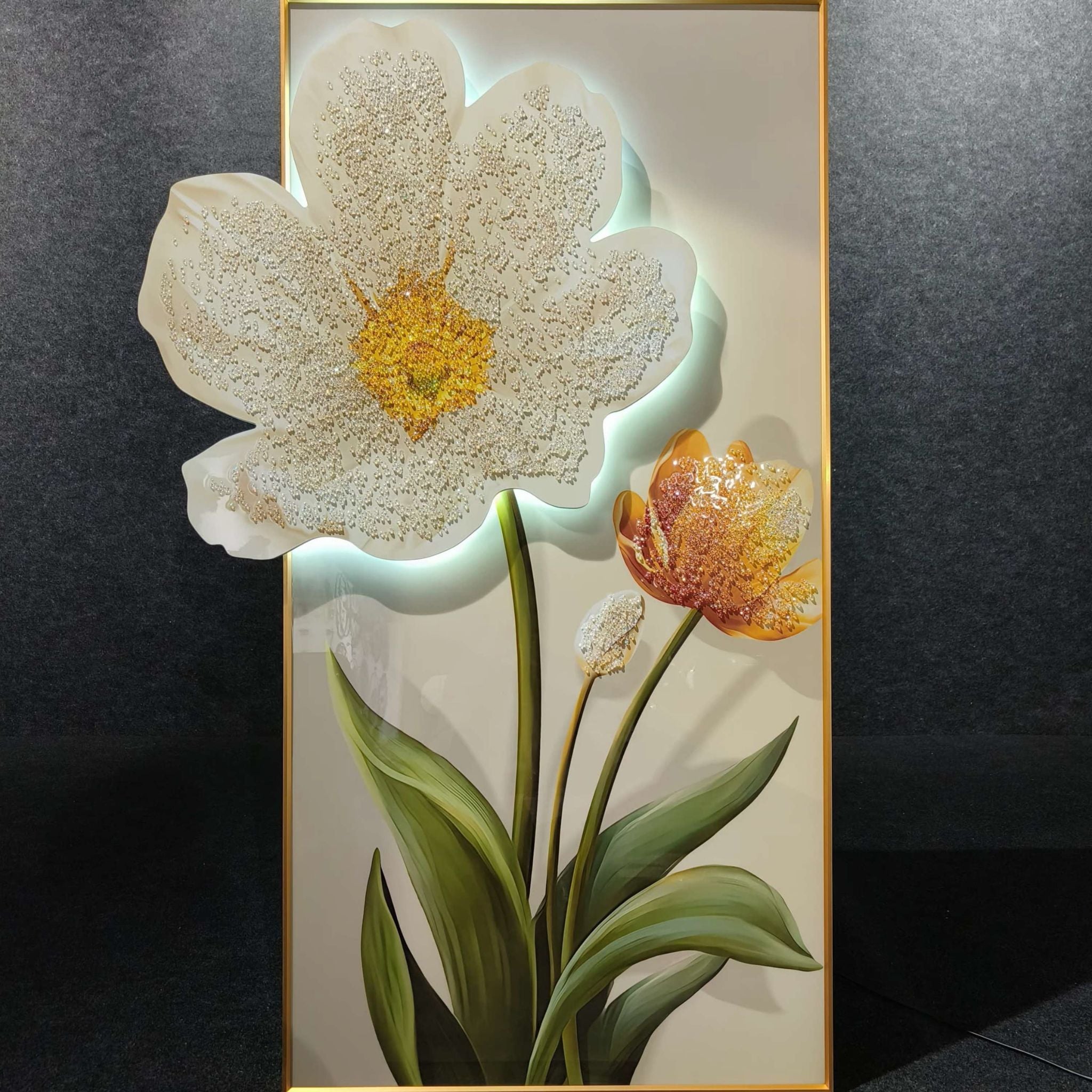 Orange and White Flower with Leaves Crystal Wall Art with LED