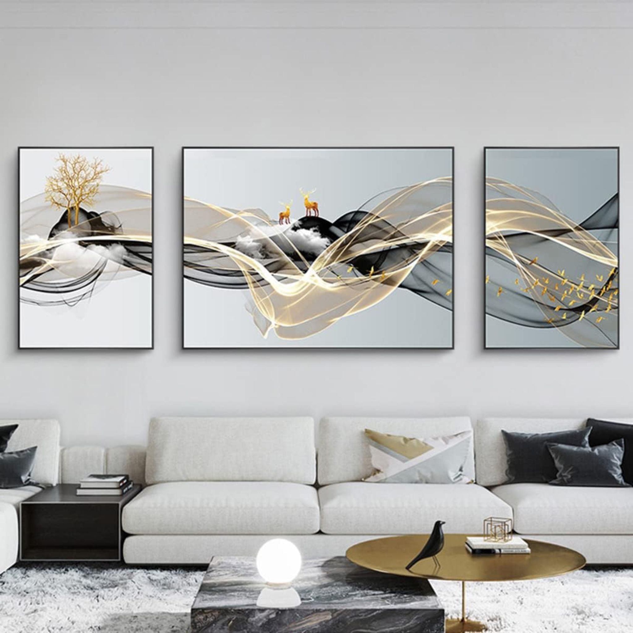 Nature’s Golden Whispers: Set of 3 Crystal Wall Paintings