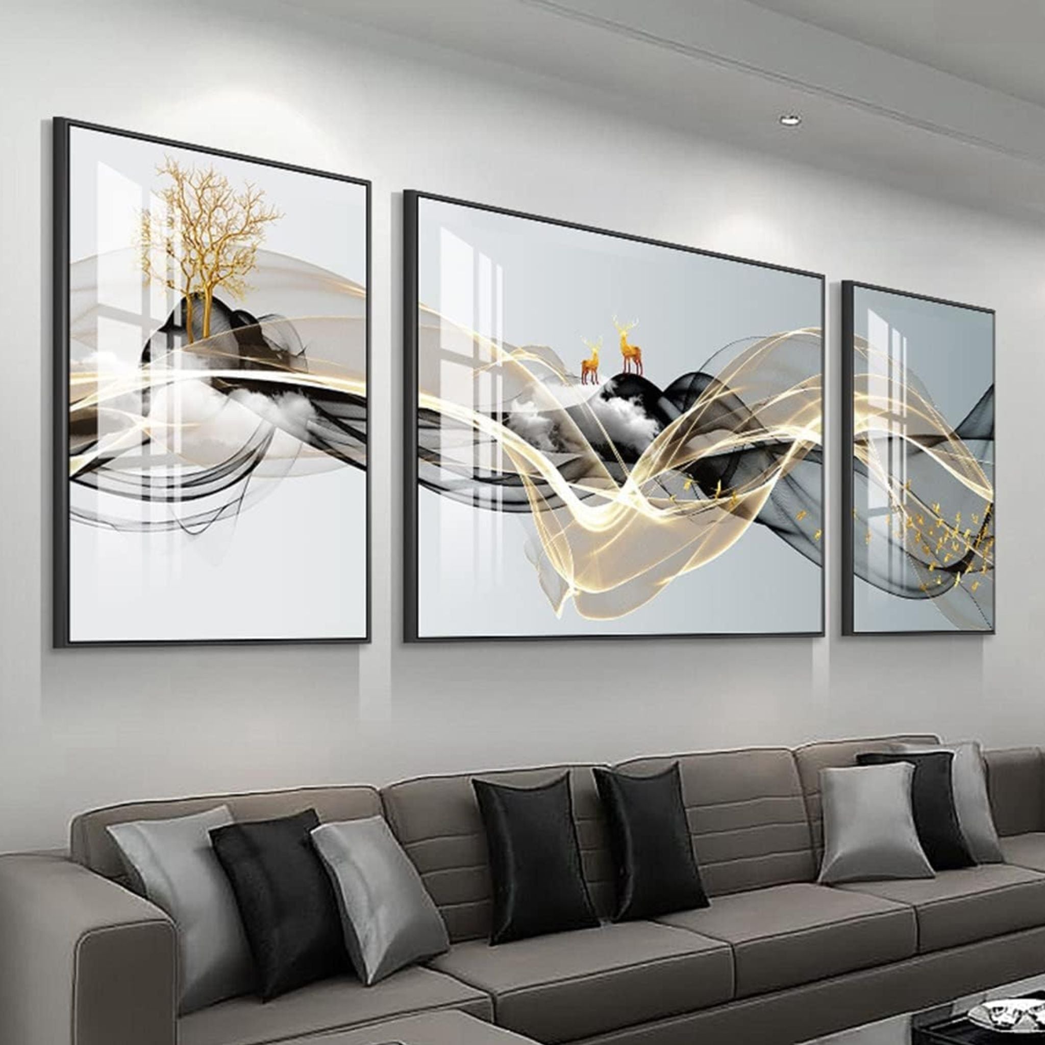 Nature’s Golden Whispers: Set of 3 Crystal Wall Paintings