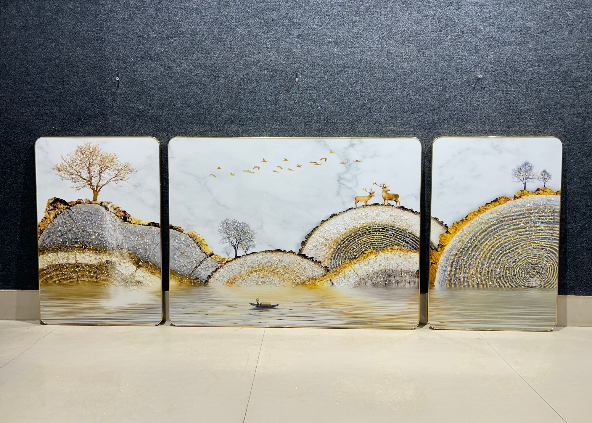 Serene Mountain Escape: Set of 3 Crystal Wall Paintings