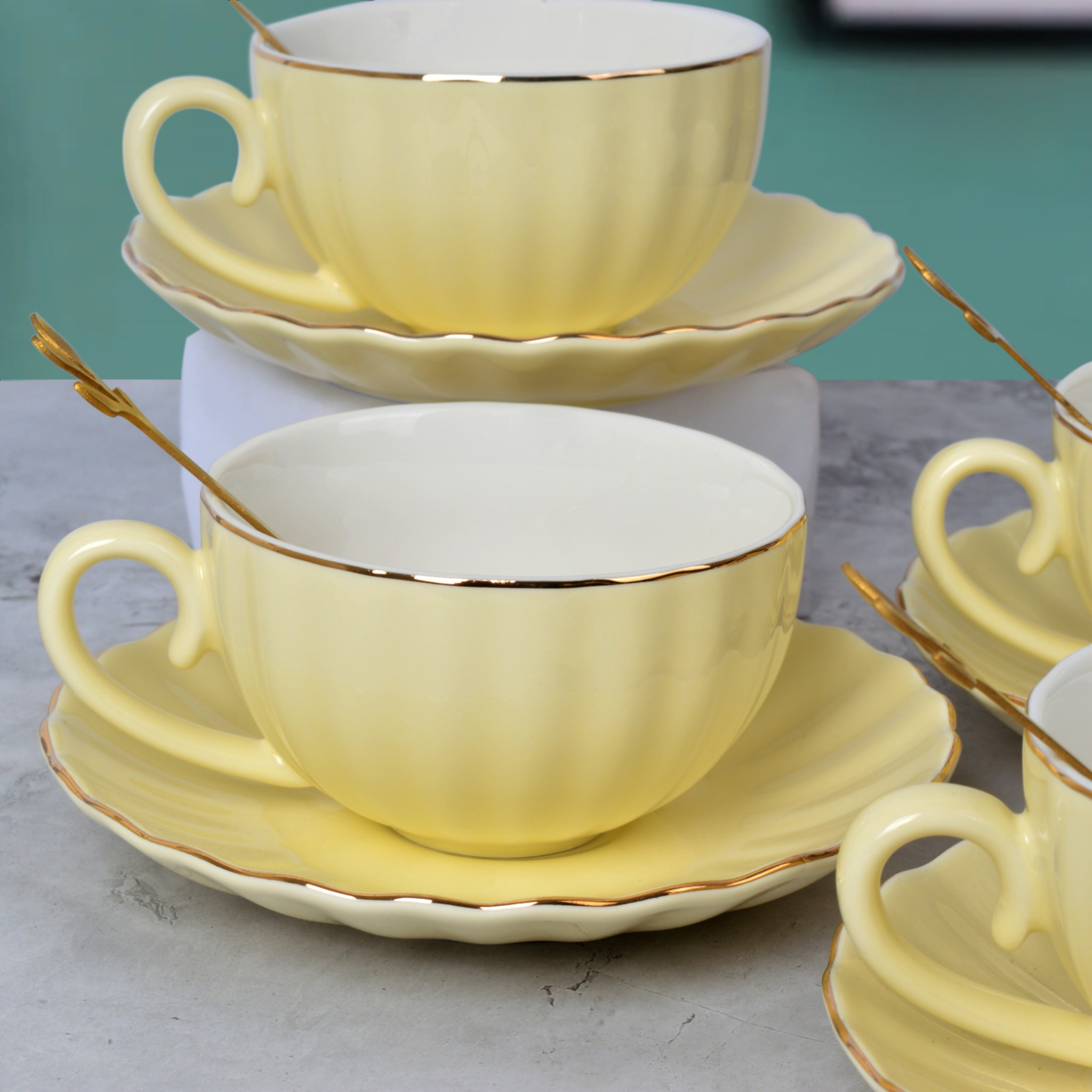 Serene Sunshine Tea Cups and Saucer Set - Set of 6