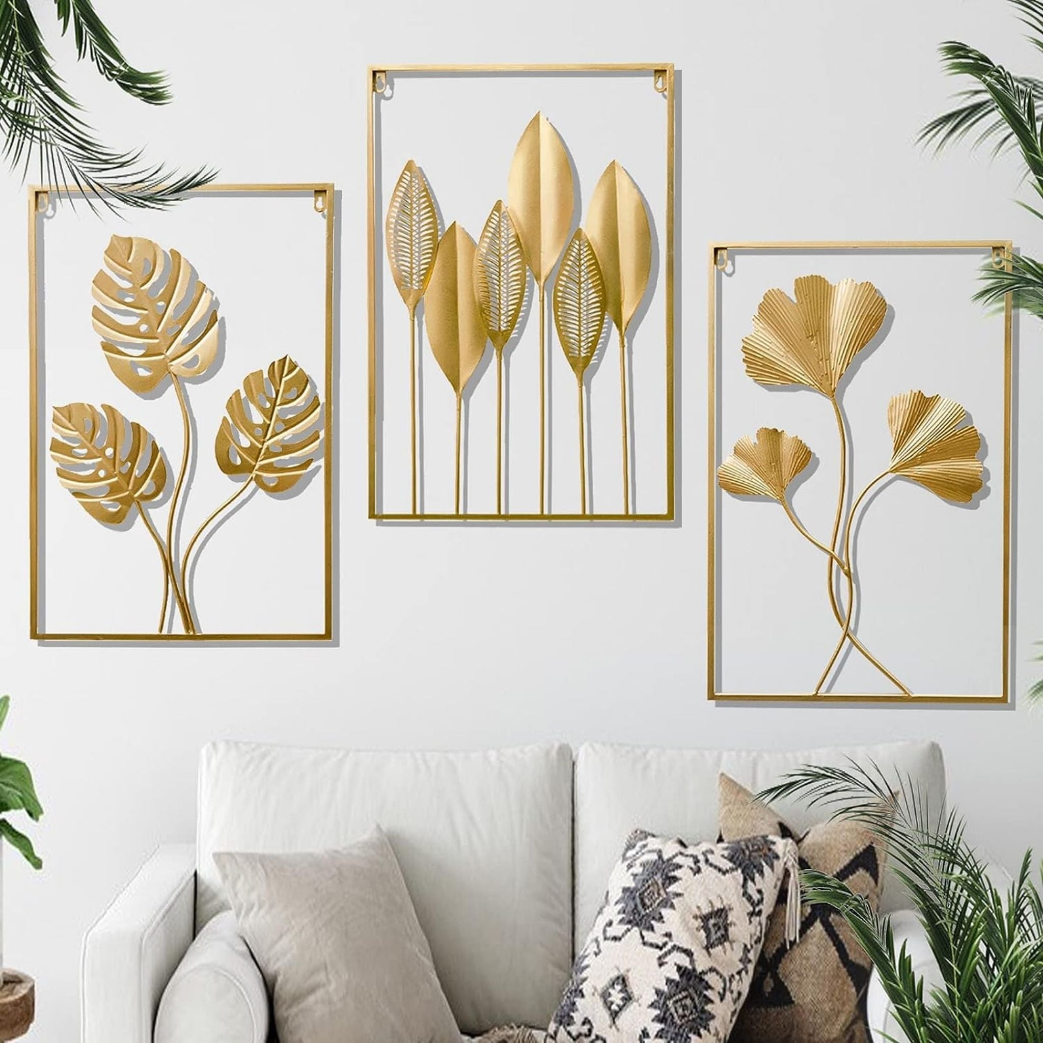 Tropical Jungle Leaf Trio Metal Wall Art Frames