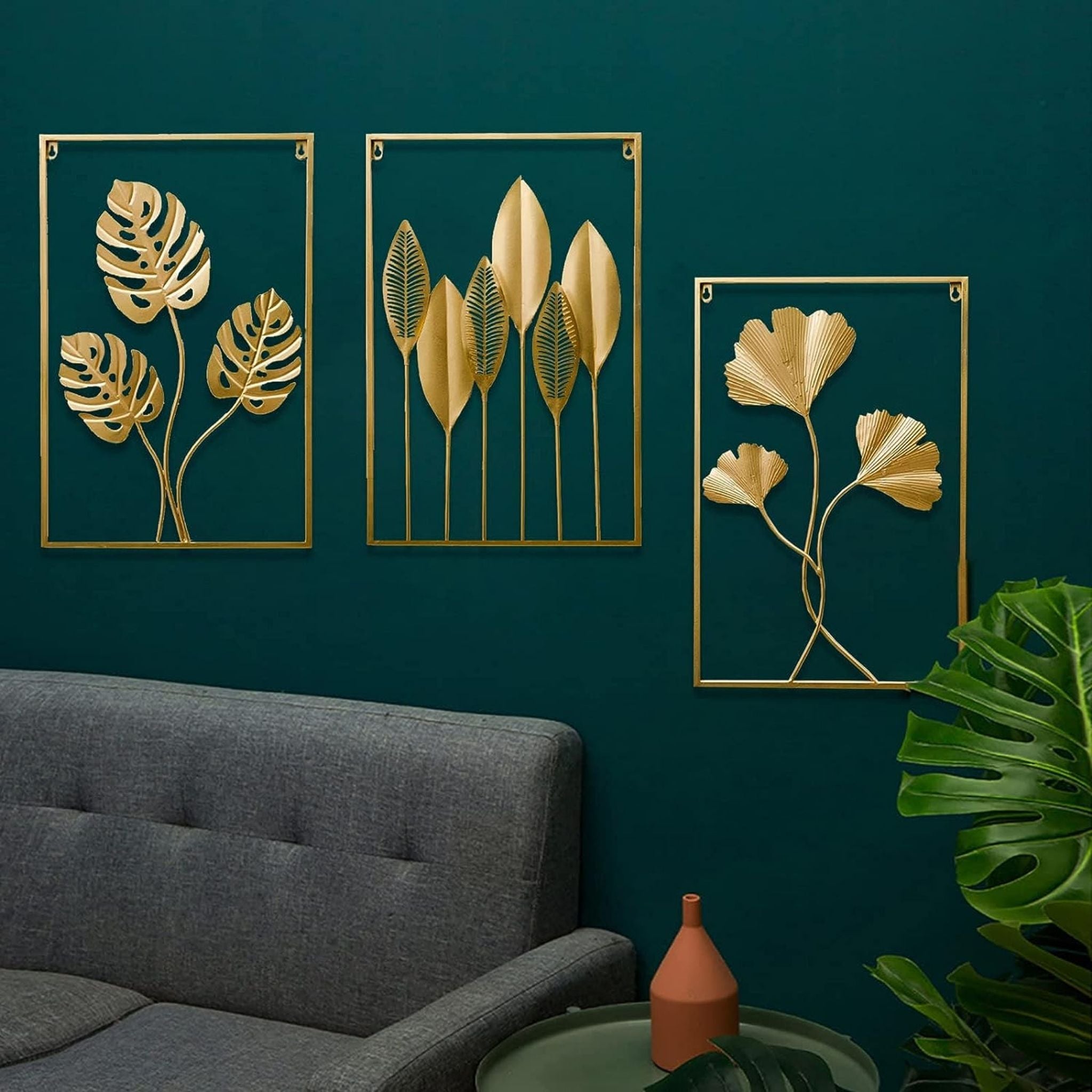 Tropical Jungle Leaf Trio Metal Wall Art Frames