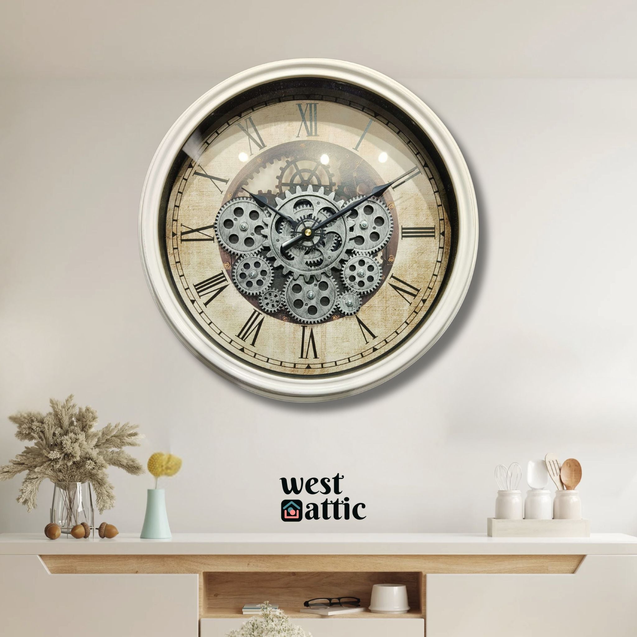 White Retro Gear Wall Clock