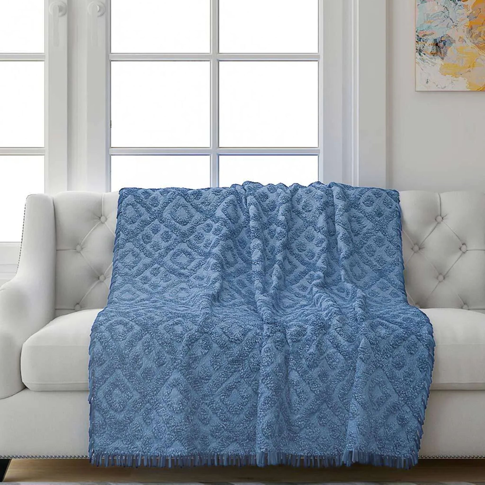 Diamond Tufted Pattern Throw with Fringe