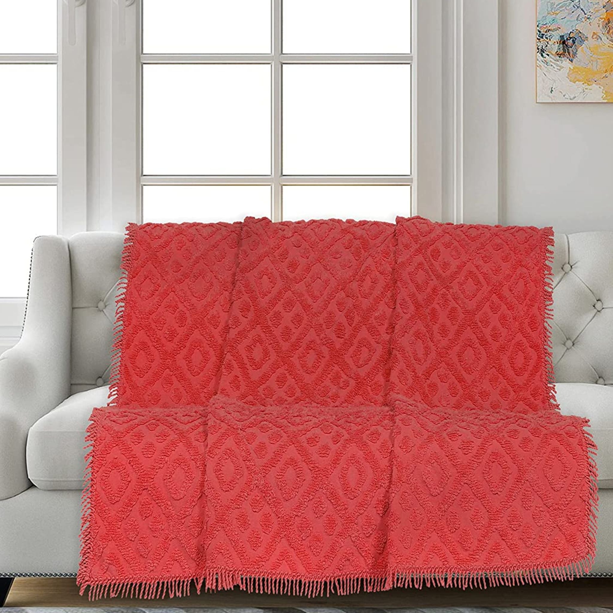 Diamond Tufted Pattern Throw with Fringe