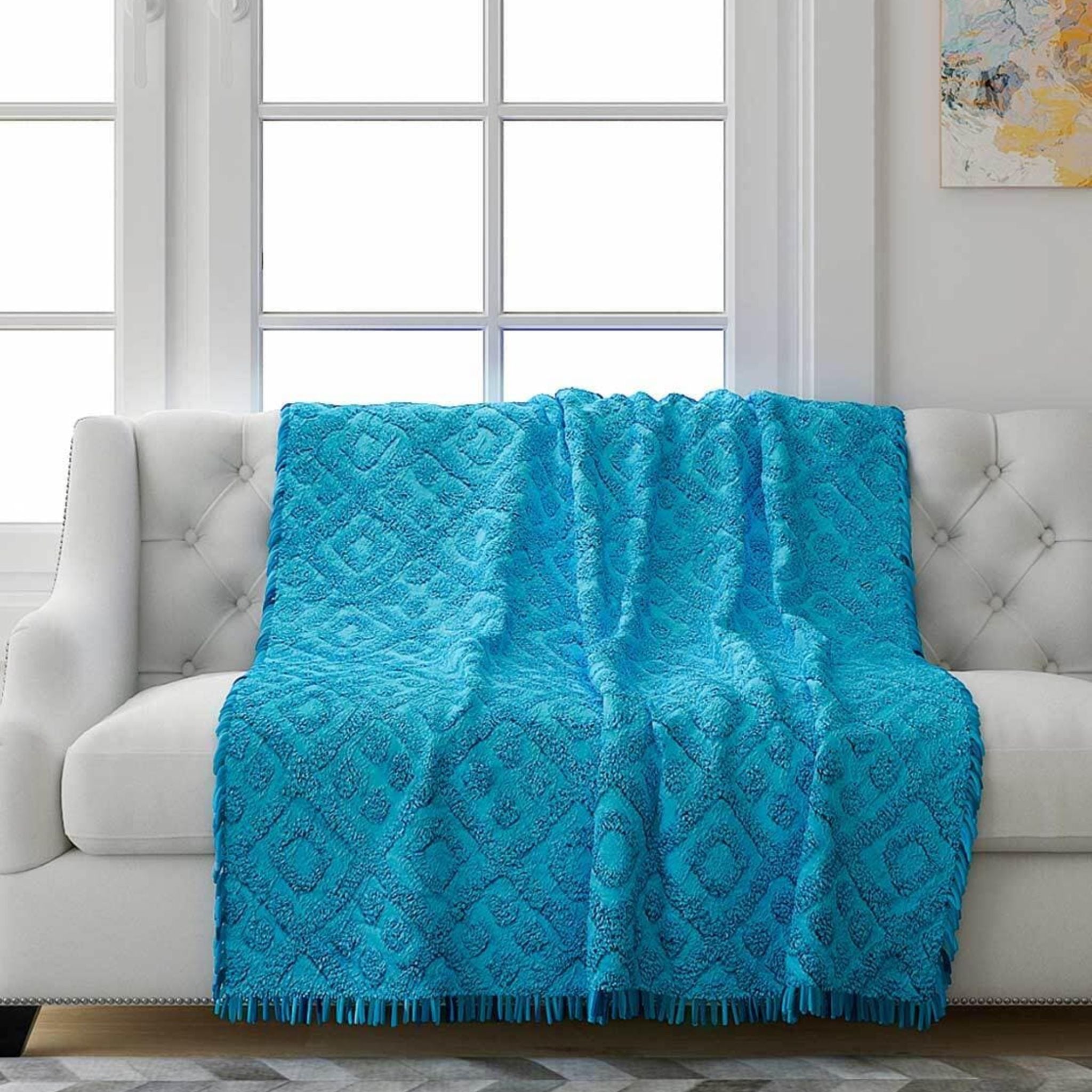 Diamond Tufted Pattern Throw with Fringe