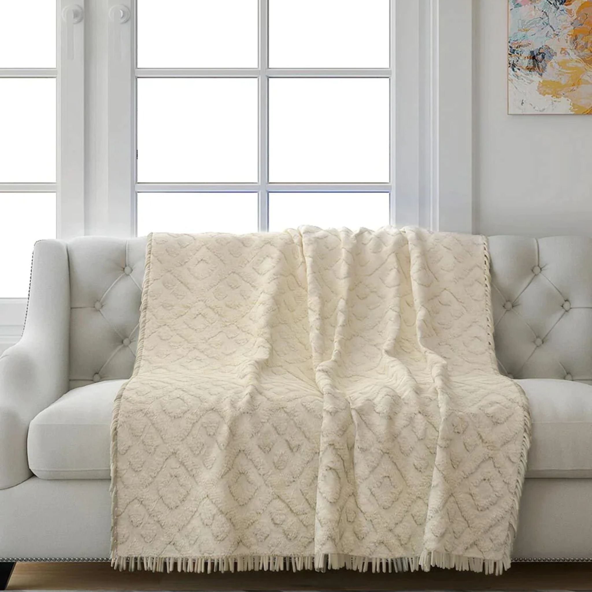 Diamond Tufted Pattern Throw with Fringe