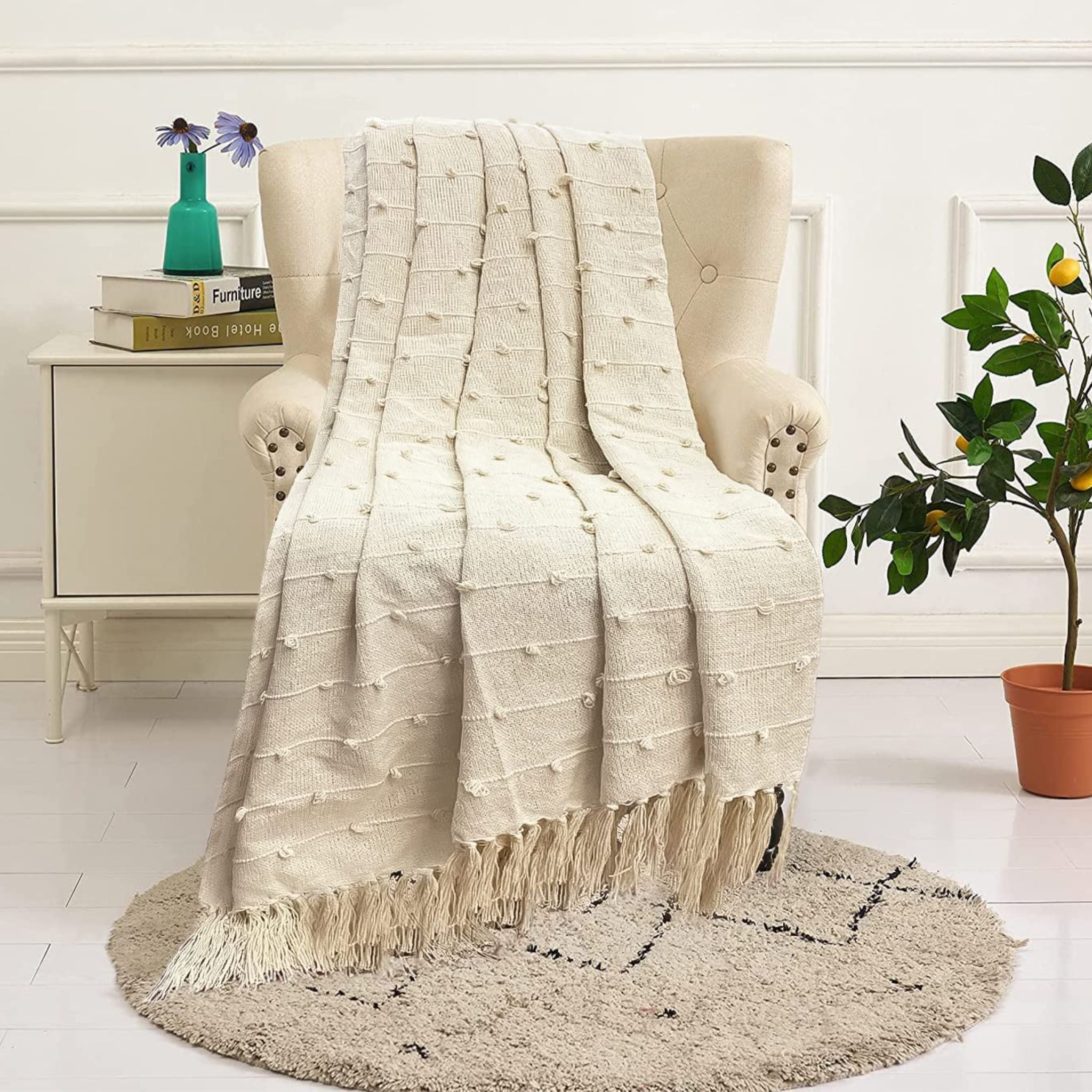 Hand Knitted Sofa Throw with Tassels